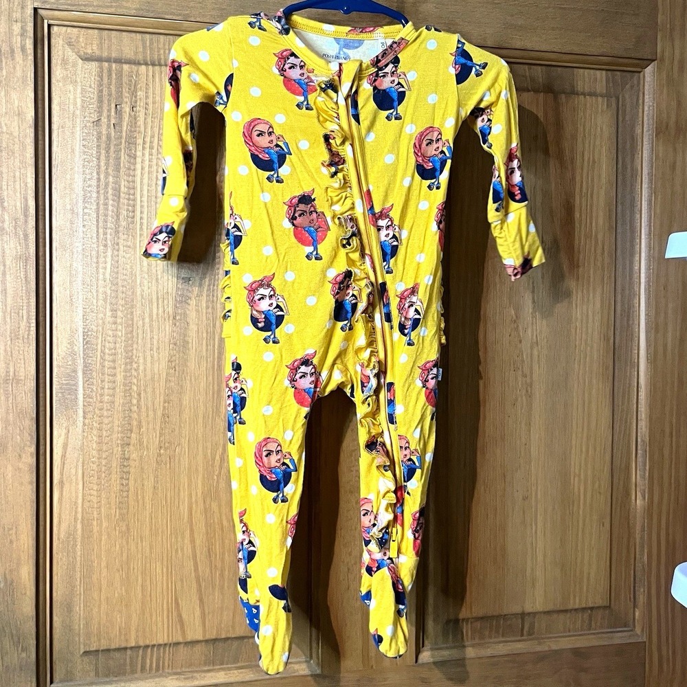 Posh Peanut Rosie the Riveter Ruffled Zippy Footie 3-6M Bamboo Romper Pajamas